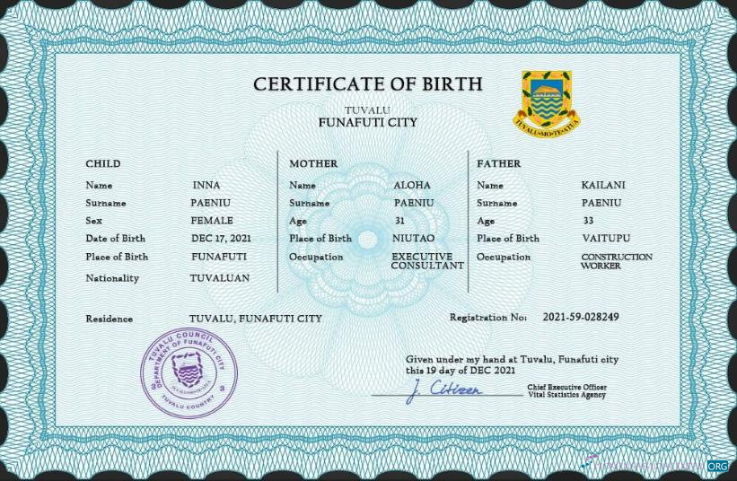 Download Tuvalu vital record birth certificate PSD template Photoshop template